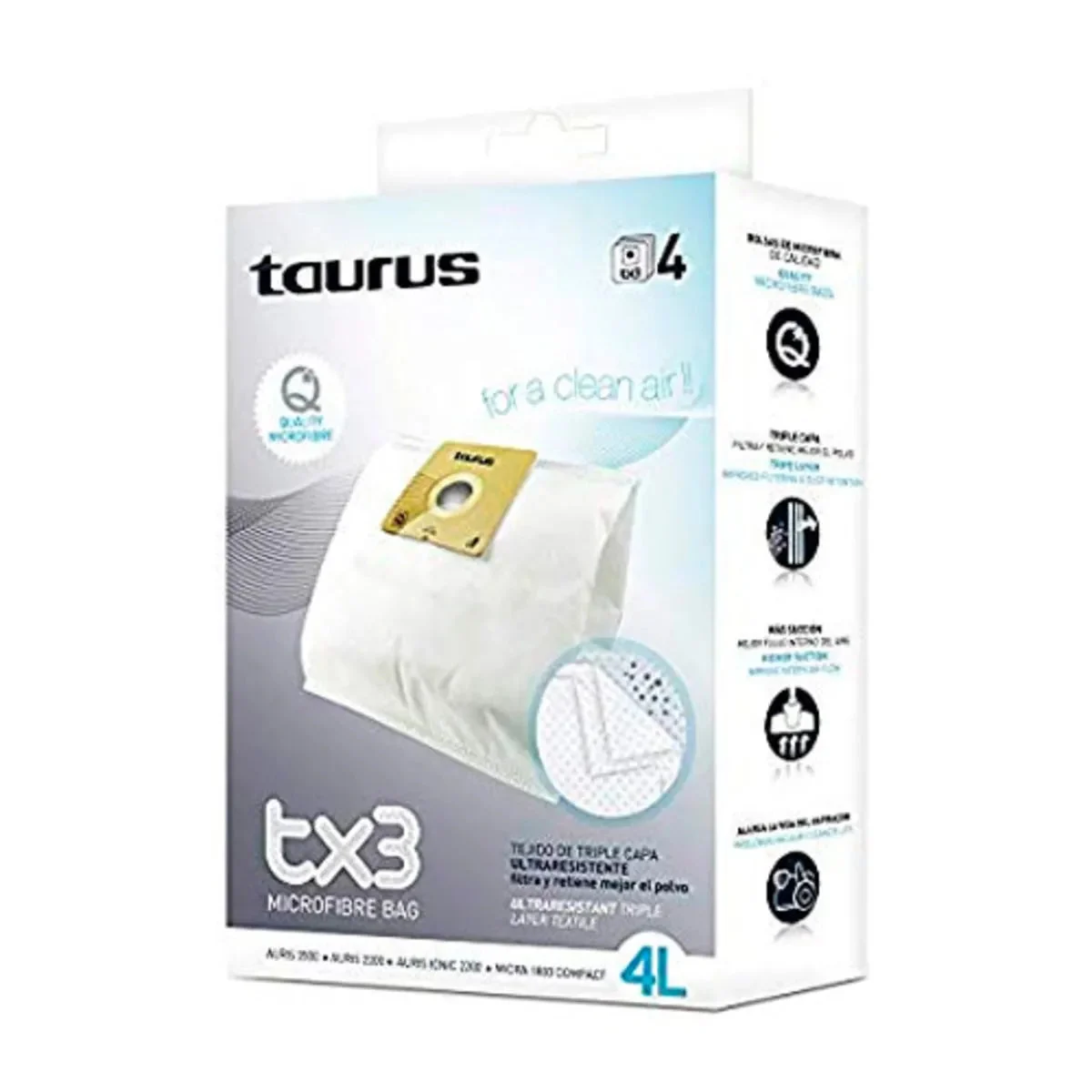 Sac microfibre pour aspirateur Taurus 4L TX3 - 4 unités 999176