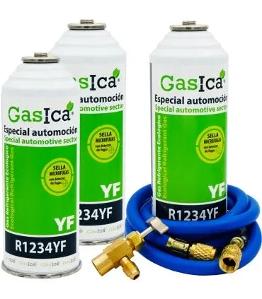 Pack 3 bouteilles gaz réfrigérant GASICA YF - R1234yf + tuyau de charge 1/4"x1/4" + valve