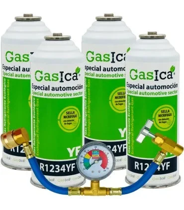 Pack 4 bouteilles gaz réfrigérant GASICA YF - R1234yf + manomètre