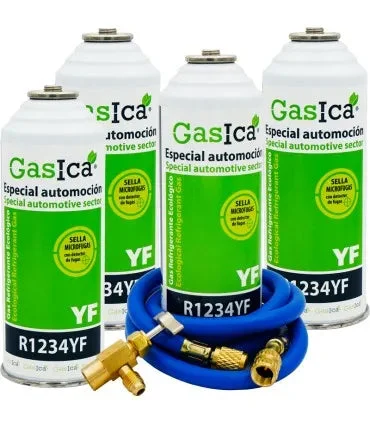 Pack 4 bouteilles gaz réfrigérant GASICA YF - R1234yf + tuyau de charge 1/4"x1/4" + valve