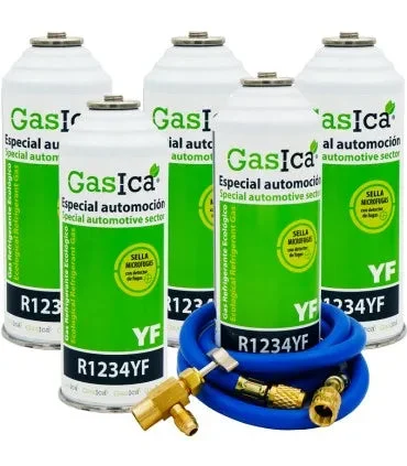 Pack 5 bouteilles gaz réfrigérant GASICA YF - R1234yf + tuyau de charge 5/16"x1/4" + valve